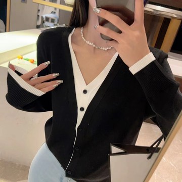 奈看服飾/現貨 韓風小姐姐假二件設計感四季面料針織開衫 不起毛球不透光