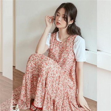 連身裙 清新碎花拼接無袖洋裝RE7090-創翊韓都