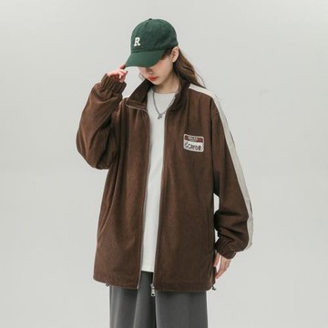 燈芯絨外套男春秋潮牌寬松褂子美式復古情侶夾克條紋拼接立領上衣