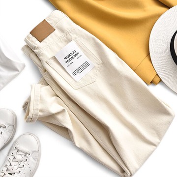 好品質 口碑萬里挑一！全真皮裝飾米色全棉牛仔褲女顯瘦百搭Y