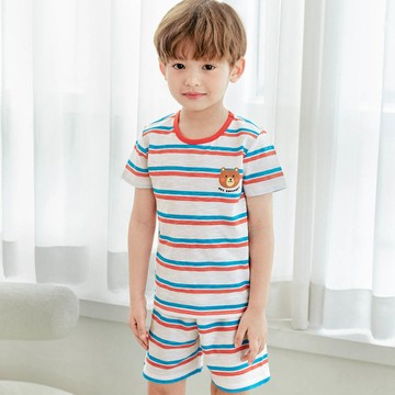 韓國 Maykids - 輕薄細柔棉短袖家居服-條紋棕熊-藍X紅