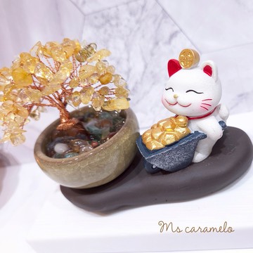 送禮物 現貨商品【焦糖小姐 Ms caramelo】紫砂底座水晶招財樹+招財貓【搬金磚】可愛聚寶盆擺件 創意裝飾 禮物