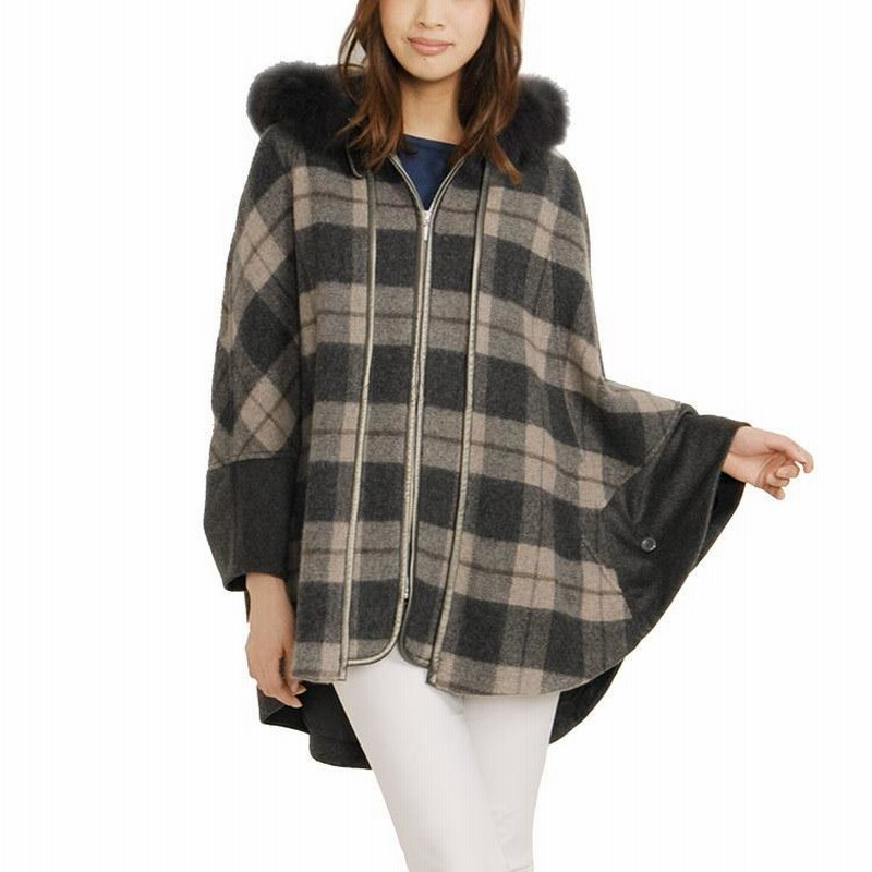 チェック柄パターン カシミア100％素材 FOX毛皮トリミング ポンチョ