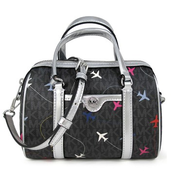 MICHAEL KORS TRAVEL 銀字小圓標LOGO飛機印花黑色防刮波士頓兩用包(小款)