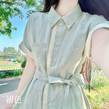 初色 法式拼色翻領收腰綁帶口袋單排釦中長連衣裙連身洋裝-共2色-16060(M-XL可選)