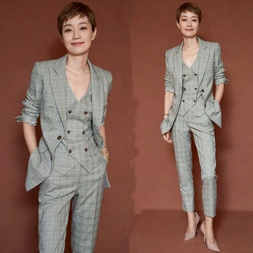 馬伊琍明星同款春秋格子西裝套裝女英倫風職業顯瘦西服馬甲三件套