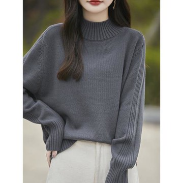 2024秋冬新款時尚慵懶風寬松半高領針織打底衫女純棉加厚顯瘦毛衣
