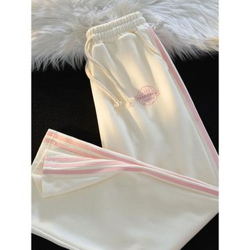 2024新款直筒休閑褲美式加絨褲子女秋冬寬松慵懶風奶杏色運動衛褲