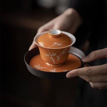 夏禾茶具新品留白手繪竹影小蓋碗礬紅家用茶人小品單泡茶碗110ml