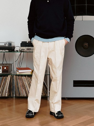 Herringbone Cotton Wide Pants _ Ecru