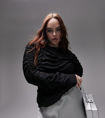 Topshop Curve ruched long sleeve shirred top in black