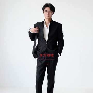 亂山昏 東方雅痞 國風原創立領亮澤黑修身休閒新中式正裝外套四季