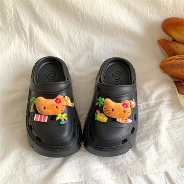 ins可愛夏威夷黑皮KT貓咪洞洞鞋女厚底增高沙灘鞋包頭防滑涼拖鞋