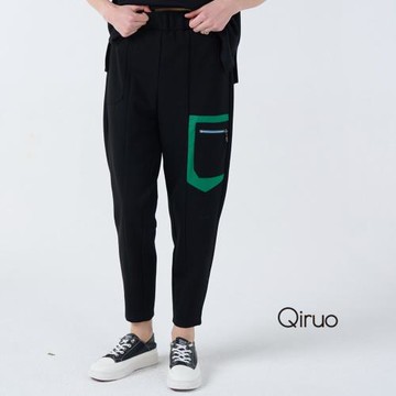 【Qiruo 奇若】春夏專櫃黑色滾綠邊休閒長褲 7051C旅遊款
