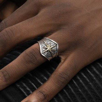 GRGR S925純銀做舊光芒戒指男嘻哈歐美復古個性食指戒開口可調