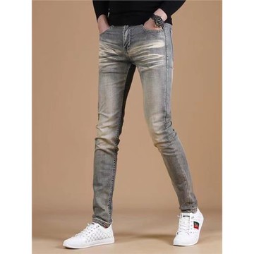 青年復古做舊牛仔褲男潮牌修身小腳彈力長褲秋冬款工裝褲休閑褲子