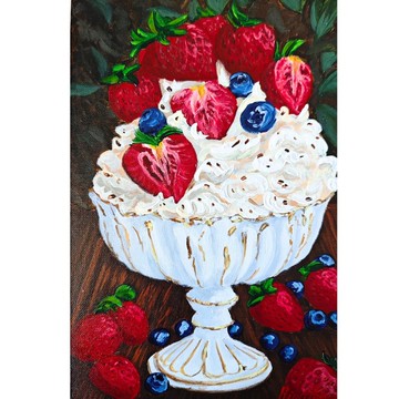 RinaArtSK 原創油畫 草莓配鮮奶油 廚房牆面裝飾畫