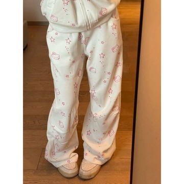 日系可愛kt貓印花休閒運動直筒褲秋冬款寬鬆甜美慵懶高腰顯瘦長褲 休閑褲女 闊腿褲 寬鬆顯瘦長褲 女生褲子  高腰闊腿褲