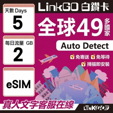 LINKGO白鑽卡 全球49國 eSIM卡 5天上網卡 每日2GB(全球網卡 亞洲 歐洲 美洲 大洋洲 非洲)