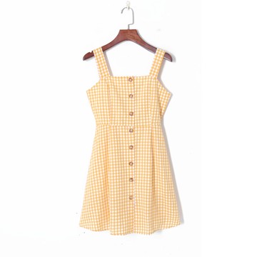 春季女裝法式復古拼色格紋優雅方領性感鏤空露背顯瘦吊帶裙