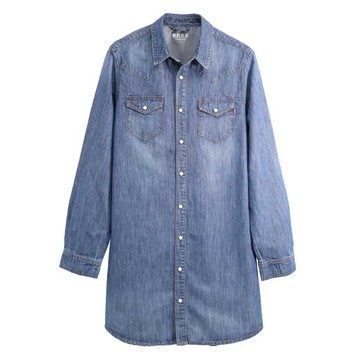 【ERSS】女裝  襯衫 牛仔 牛仔襯衫 牛仔上衣 長袖上衣 長版 長版上衣 率性 水洗 刷白 深藍【K30004】