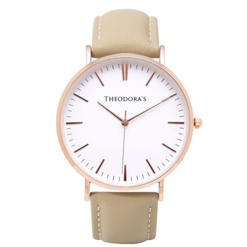 Hera 簡約中性款真皮腕錶 蛋殼白面-真皮香檳杏