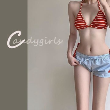 Candygirls紅色條紋泳衣女新款溫泉分體歐美性感純欲度假風比基尼