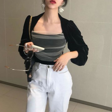 chic設計感拼接長袖襯衫女裝氣質方領百搭絲絨上衣潮1入