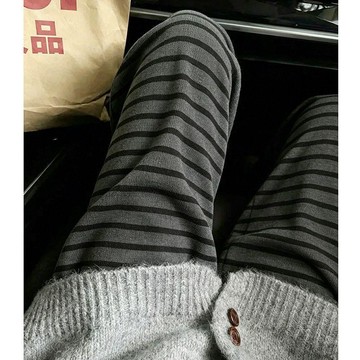 黑灰色條紋糯米褲子女夏季高腰小個子休閒寬鬆顯瘦韓系胖mm闊腿褲