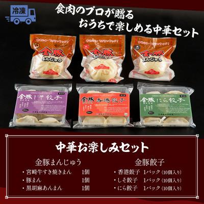 ふるさと納税 宮崎市 金豚中華お楽しみセット(宮崎牛すき焼きまん・豚まん・黒ゴマあん、香港餃子、しそ餃子、にら餃子　各1)