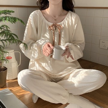 【藍尼居家】現+預 帶胸墊寬鬆圓領家居服套裝(女睡衣/家居服)