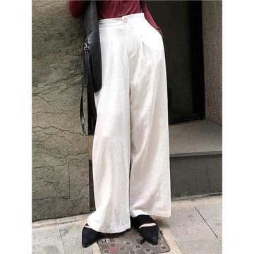 慵懶風闊腿褲拖地長褲春秋季白色港風高腰寬松水洗棉麻休閑長褲女