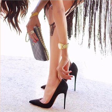 2025新品絨面高跟鞋女細跟淺口百搭單鞋職業ol工作鞋黑色尖頭女鞋