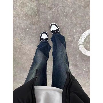 cleanfit深藍色牛仔褲男冬季美式高街寬松褲子vibe男生加絨直筒褲