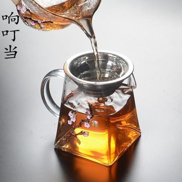 耐熱加厚玻璃公道杯帶把茶漏套裝個性鑲錫分茶器大號透明公道杯