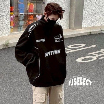 ［FJ select］NATIVE 賽車風高領衛衣 大學T 大學踢 寬鬆 落肩 長袖上衣 男生長袖 翻領 情侶