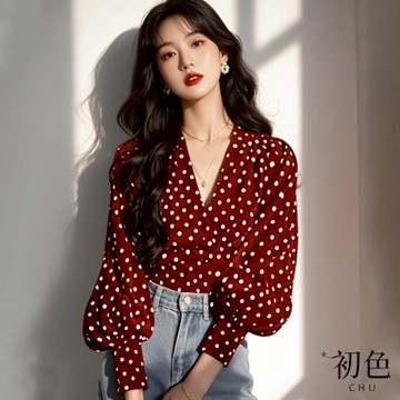 初色 港風復古V領波點印花公主袖長袖雪紡衫上衣女上衣-紅色-10959(M-2XL可選)