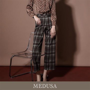 現貨【MEDUSA 曼度莎】棕色蘇格蘭格紋直筒寬褲（M-XL）｜女休閒長褲 女長褲 長寬褲
