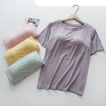 純色珠家美緒帶胸墊T恤睡衣女夏季莫代爾薄款瑜伽打底上衣家居服