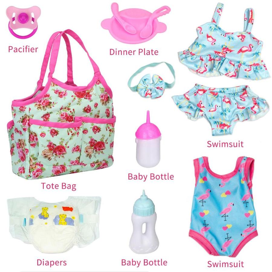 14 Piece Baby Doll Clothes Accessories Feeding Set with Handbag for 14-18  inch Doll Including Clothes, Feeding Bottles, Drinking Cups, Pacifiers