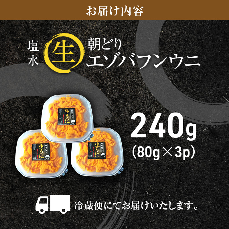 北海道 利尻 島産「朝どり」生うに塩水パック80g×3パック（蝦夷 バフンウニ）［2024年6月発送開始先行受付] ウニ 塩水ウニ