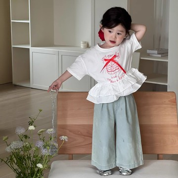 夏季新品女童韓版荷葉邊下襬T恤短袖兒童蝴蝶結甜美上衣