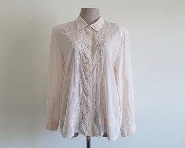 復古粉色印花刺繡襯衫 女款長袖棉質襯衫 L 碼