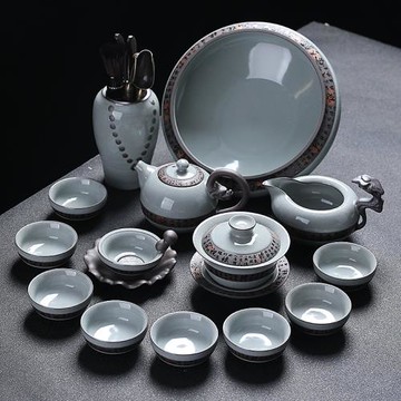 哥窯唐韻功夫茶具可養開片陶瓷壺家用禪翼紋高檔中式純色整套茶具