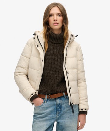 Superdry Women's Women's Faux Fur Short Hooded Puffer Jacket Beige / Rainy Day Grey - Size: 12 Size: 8