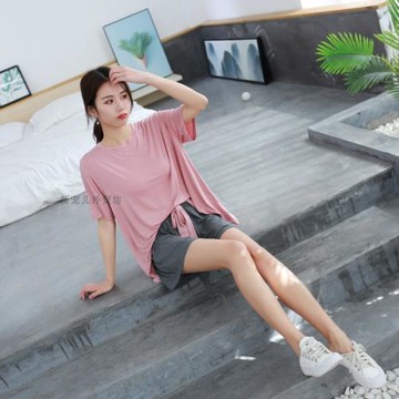 莫代爾網紅撞色睡衣套裝薄款女夏半短袖短褲寬松T恤家居服可外穿