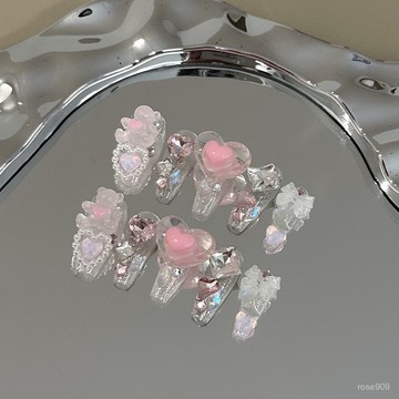 ➕最新設計款穿戴甲💅手工穿戴甲片高級感粉色卡通小熊愛心美甲貼可拆卸滿鑽可愛假指甲中梯穿戴甲 LXM5