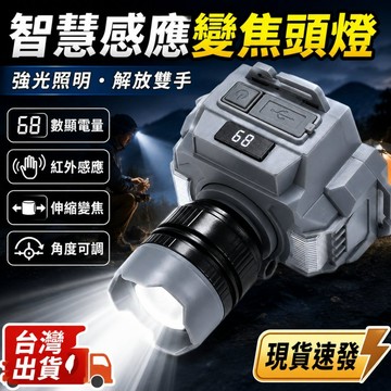 台灣出貨🔥智慧感應伸縮變焦頭燈 強光數顯電量戶外照明燈 夜釣登山露營維修工作燈