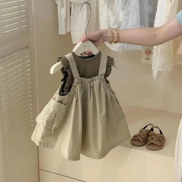 穿搭0煩惱~女童工裝風背帶裙套裝夏裝新款韓版兒童洋裝夏季休閒吊帶裙 女童套裝 韓版短袖套裝 夏天衣服 中小童休閒兩件套