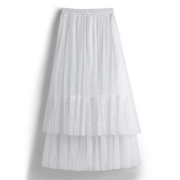 純色優雅高級感軟紗裙女半身春夏高腰顯瘦百褶蓬蓬裙中長款a字裙